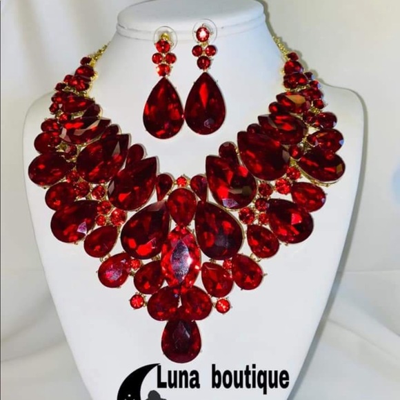 Statement Necklace and Earrings Set Red - Picture 1 of 1